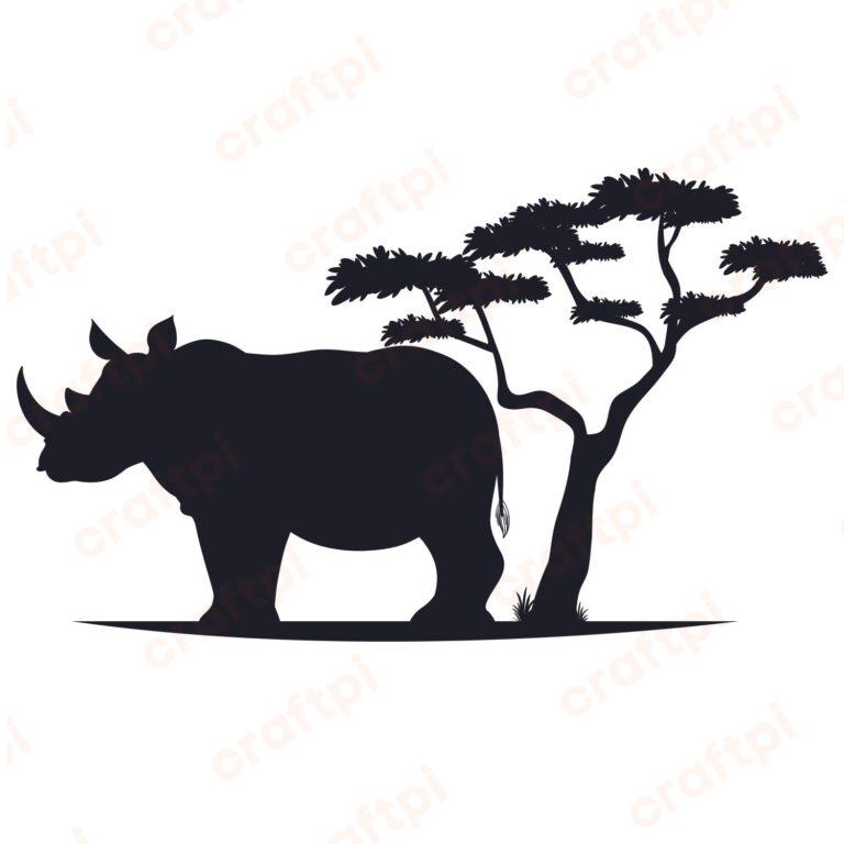Rhino Silhouette and Tree SVG, PNG, JPG, PSD, PDF Files