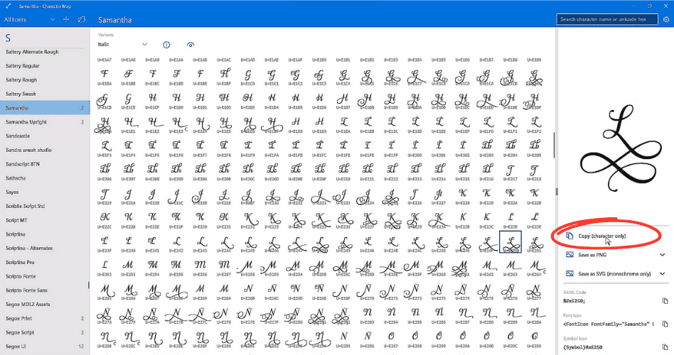 character map copying the font