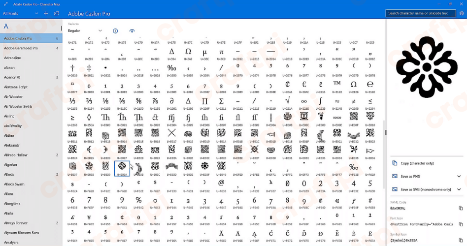 character map selecting fonts