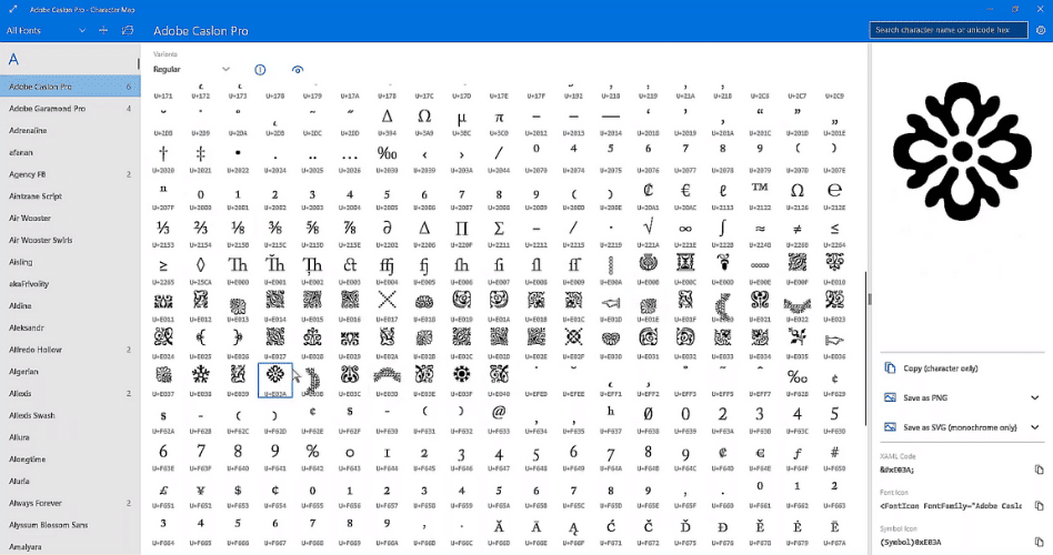 character map selecting fonts